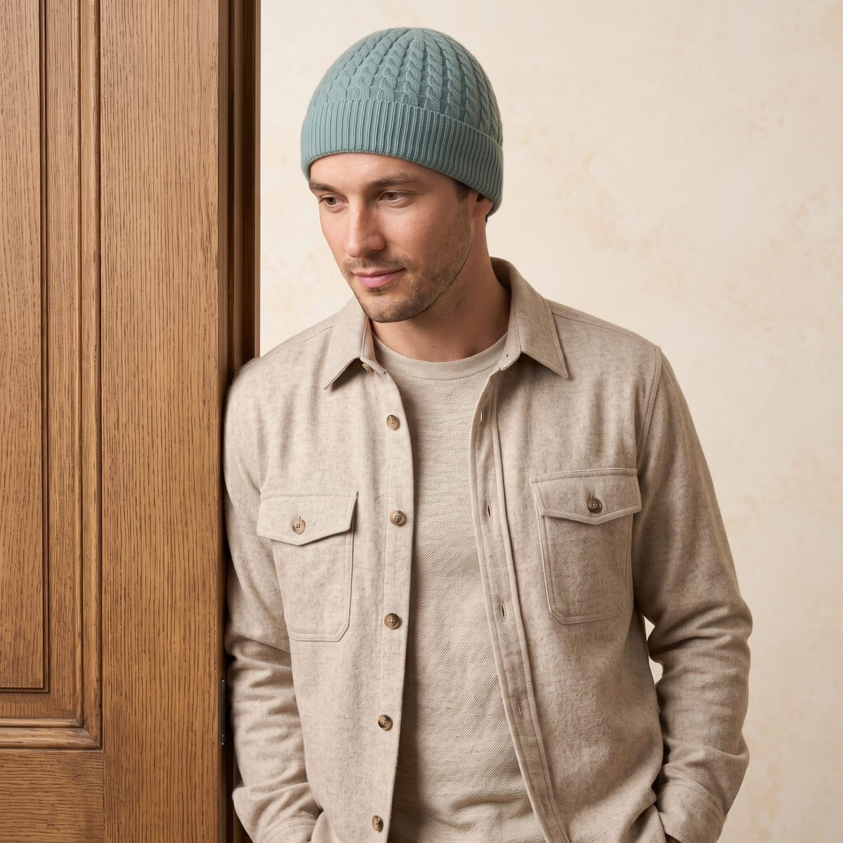 HCHJ Men's Cashmere Beanie - Heritage Cable Knit Heathered Jade 5