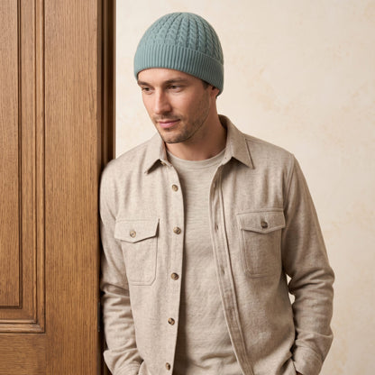 HCHJ Men's Cashmere Beanie - Heritage Cable Knit Heathered Jade 5