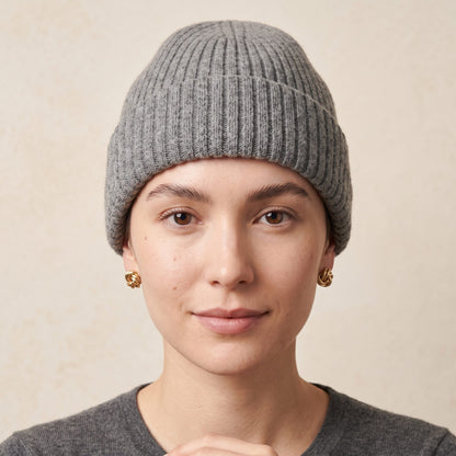 WRMM Women's Undyed Cashmere Beanie - Haven Ribbed Mid Grey Melange 4