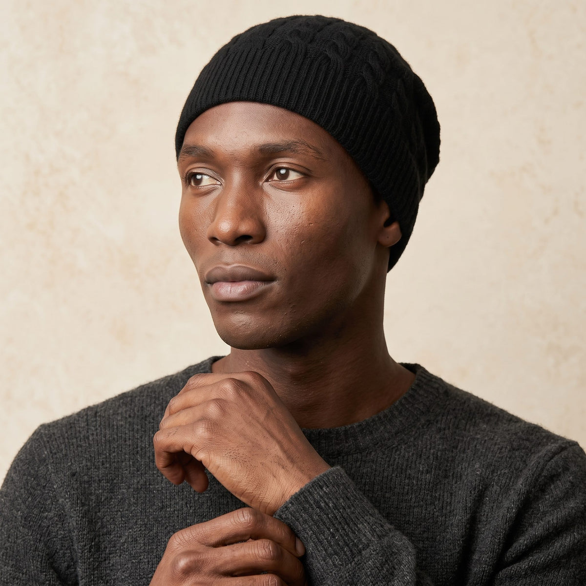 HBB05 Men's Cashmere Beanie - Heritage Cable Knit Black 5