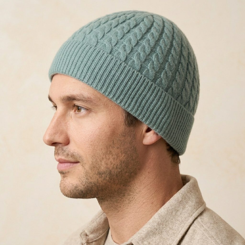 HCHJ Men's Cashmere Beanie - Heritage Cable Knit Heathered Jade 6