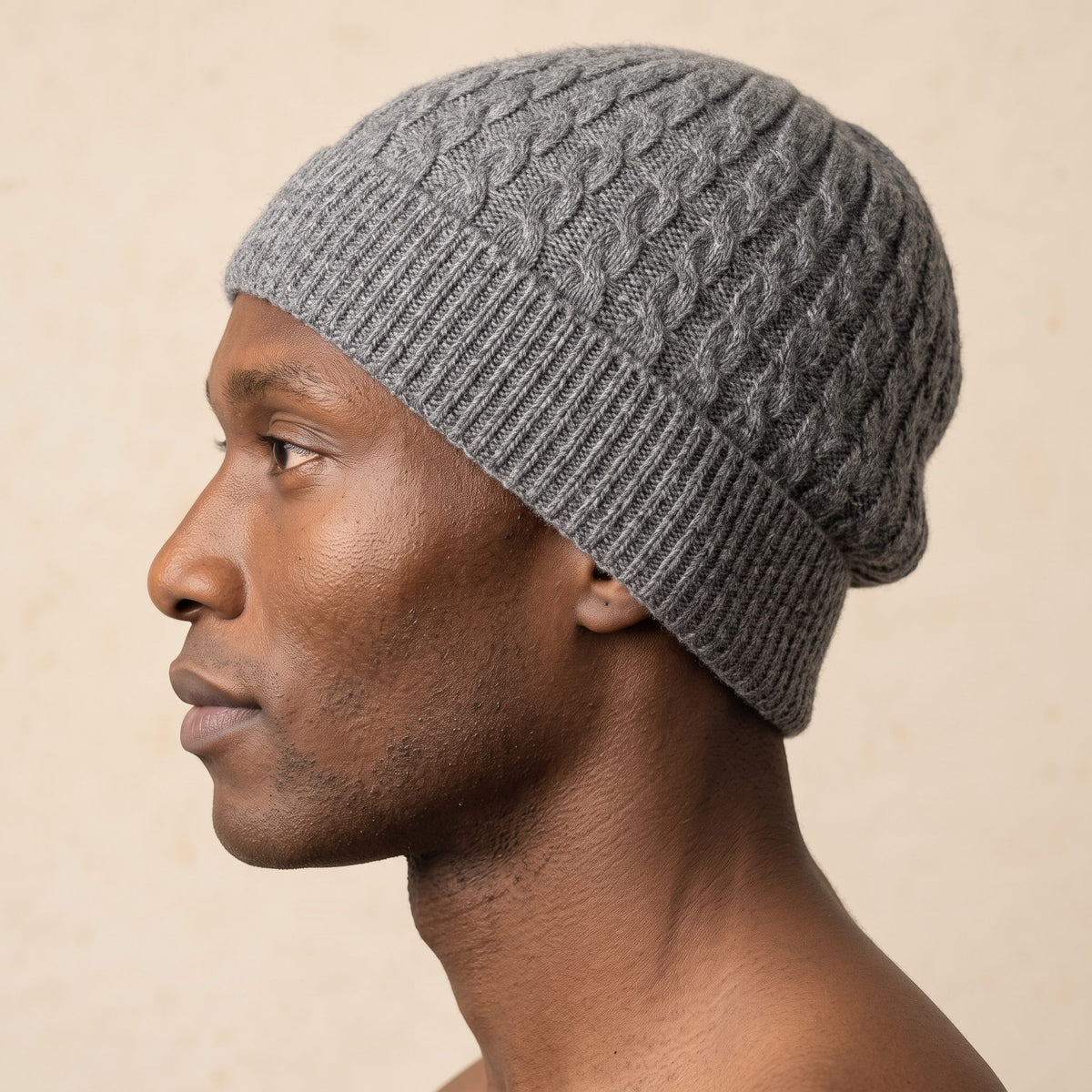HCMM Men's Undyed Cashmere Beanie - Heritage Cable Knit Mid Grey Melange 6