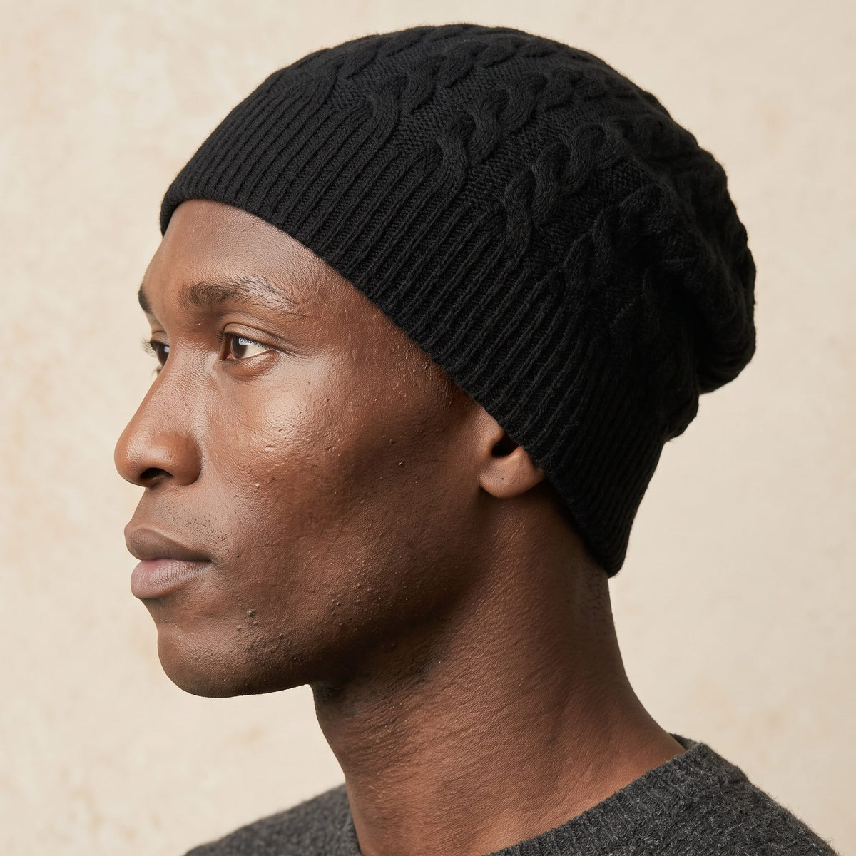 HBB05 Men's Cashmere Beanie - Heritage Cable Knit Black 6