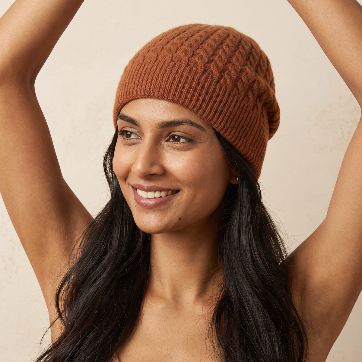 WCAM Women's Cashmere Beanie - Heritage Cable Knit Amber 5
