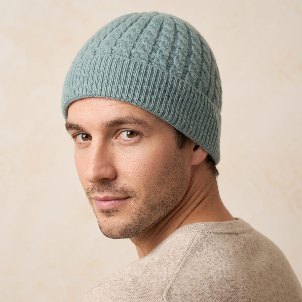 HCHJ Men's Cashmere Beanie - Heritage Cable Knit Heathered Jade 7