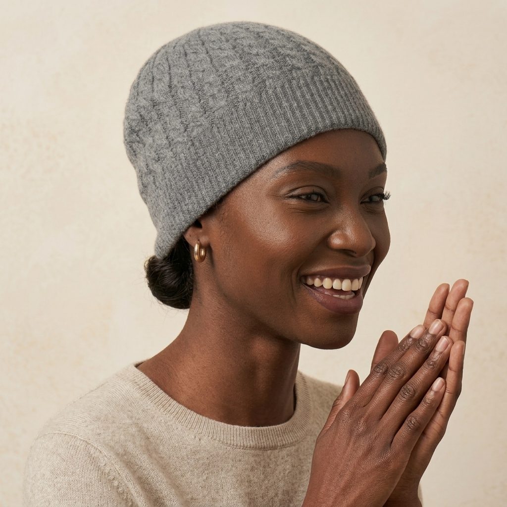 WCMM Women's Undyed Cashmere Beanie - Heritage Cable Knit Mid Grey Melange 7