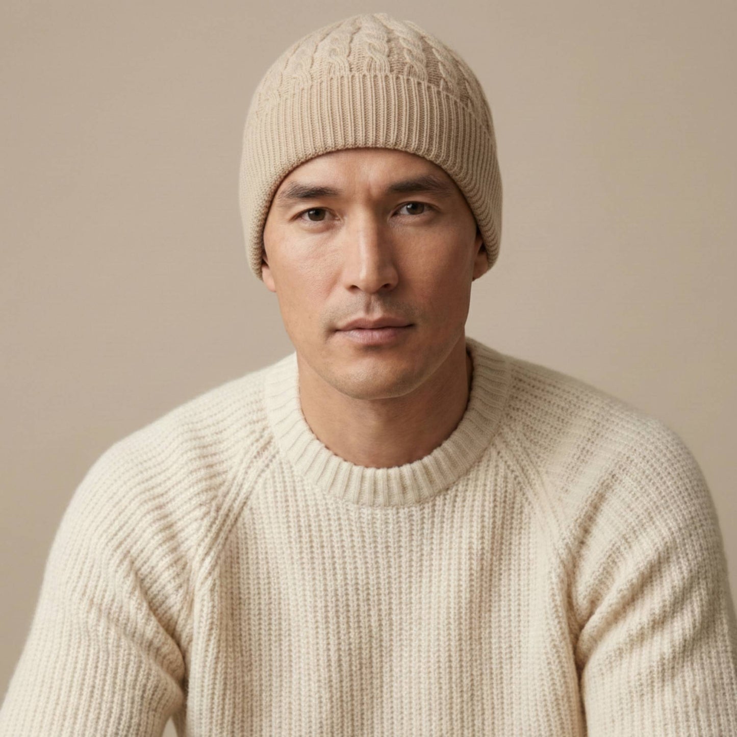 Beige Heritage Cable Knit Cashmere Beanie for Men | 100% Pure Himalayan