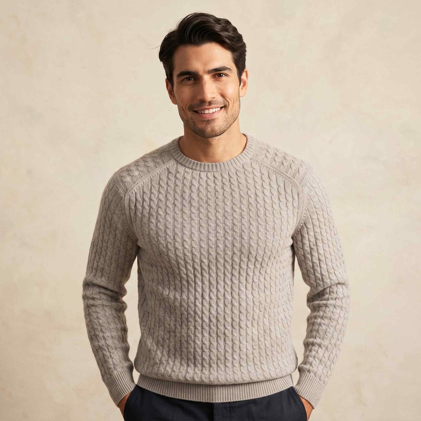 Men's cable-knit cashmere sweater, Atlas in Fog - view 1