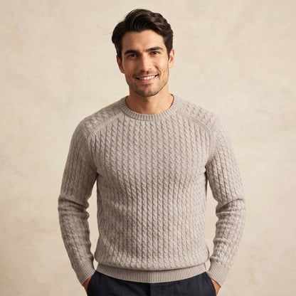 Men's cable-knit cashmere sweater, Atlas in Fog - view 1