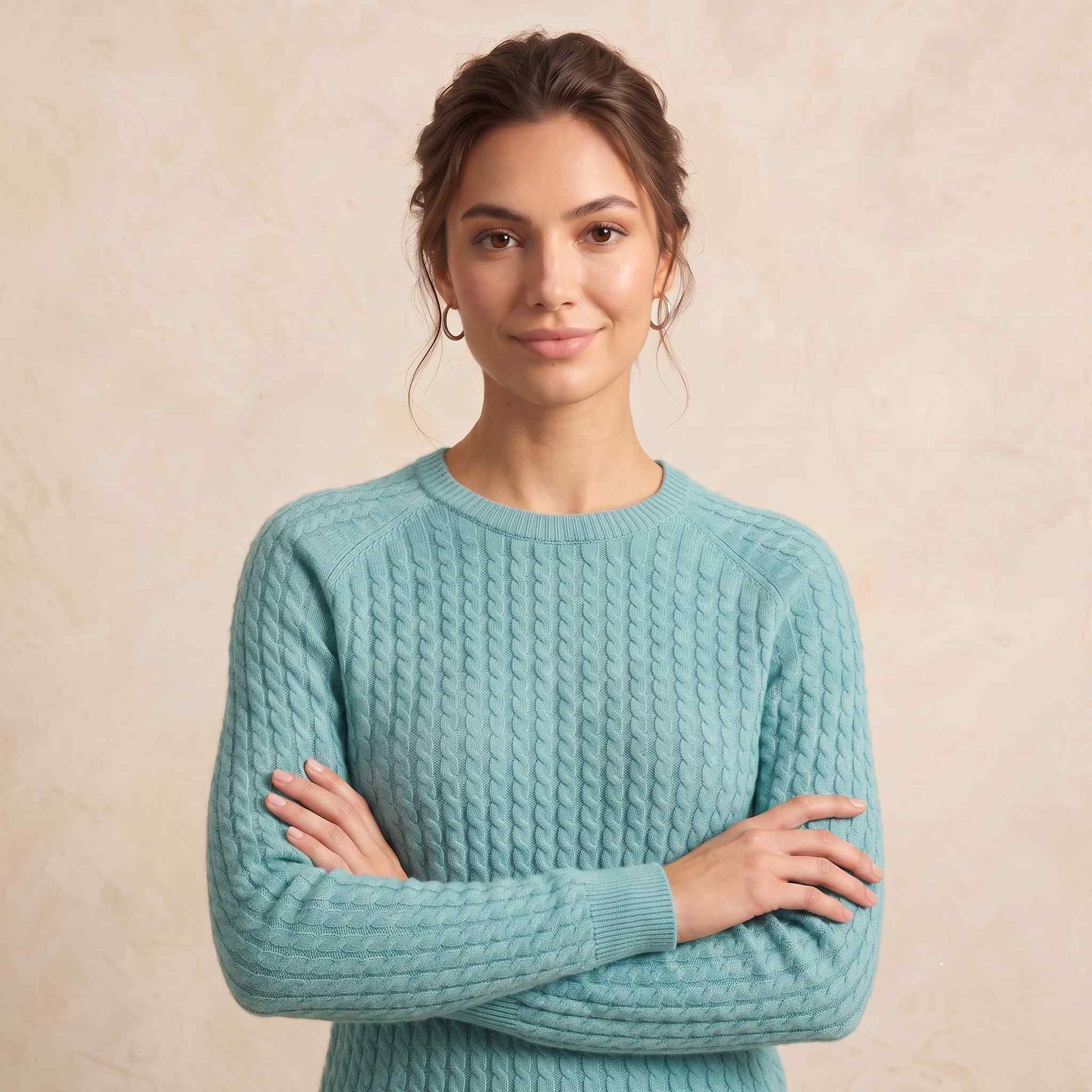 Women's cable-knit cashmere crewneck sweater, Grace in Aqua-Blue - view 1