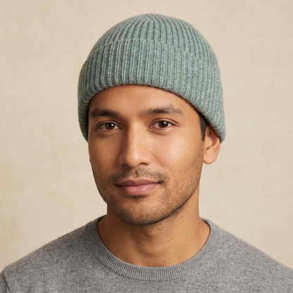 Men's hand-knit ribbed cashmere beanie, Noma in Heathered Jade - view 1
