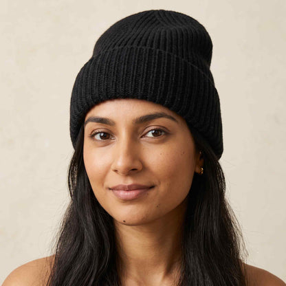 Women's hand-knit cashmere beanie in Deep Onyx - view 1