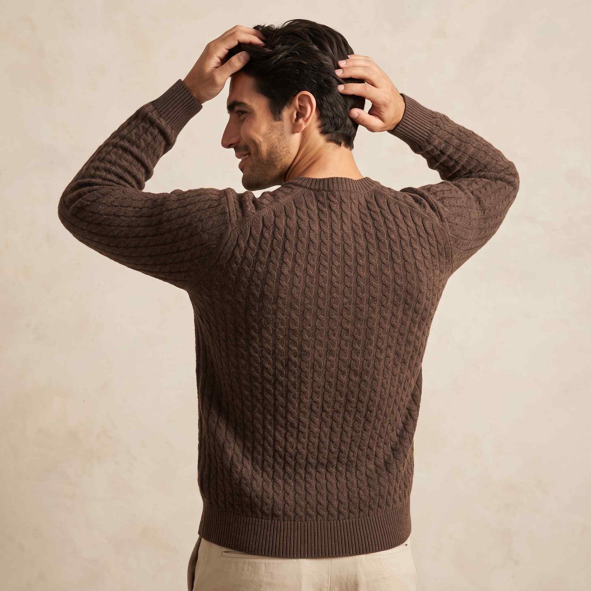 Men's cable-knit cashmere sweater, Atlas in Brown - view 5