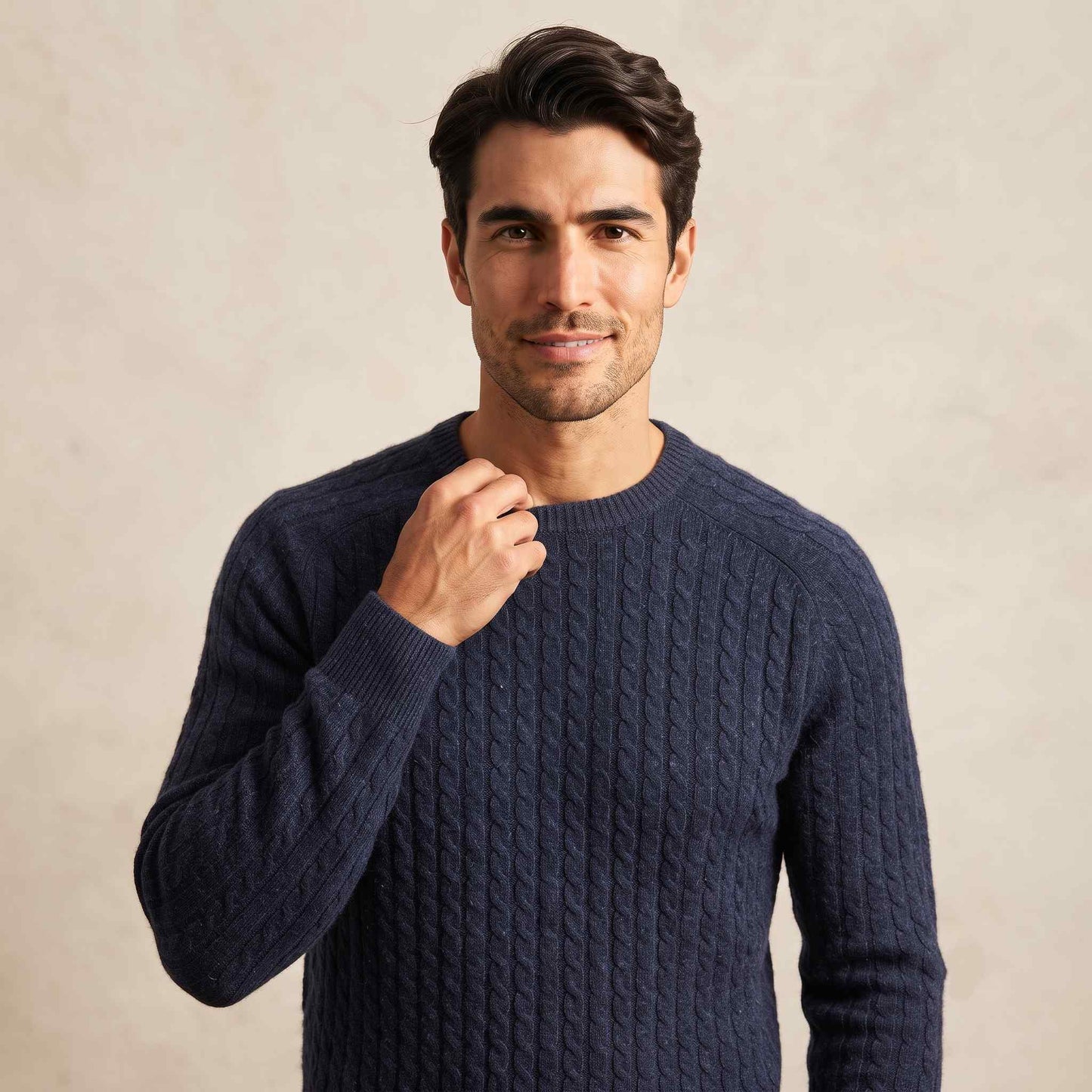 Men's cable-knit cashmere sweater, Atlas in Dark Navy - view 1