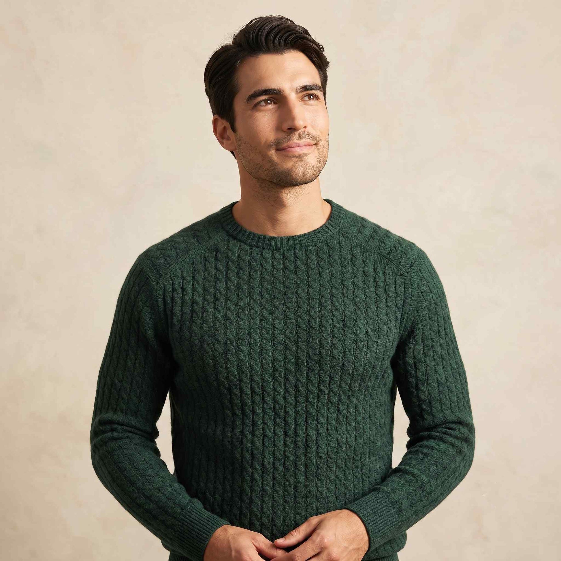Men's cable-knit cashmere sweater, Atlas in Pine - view 1