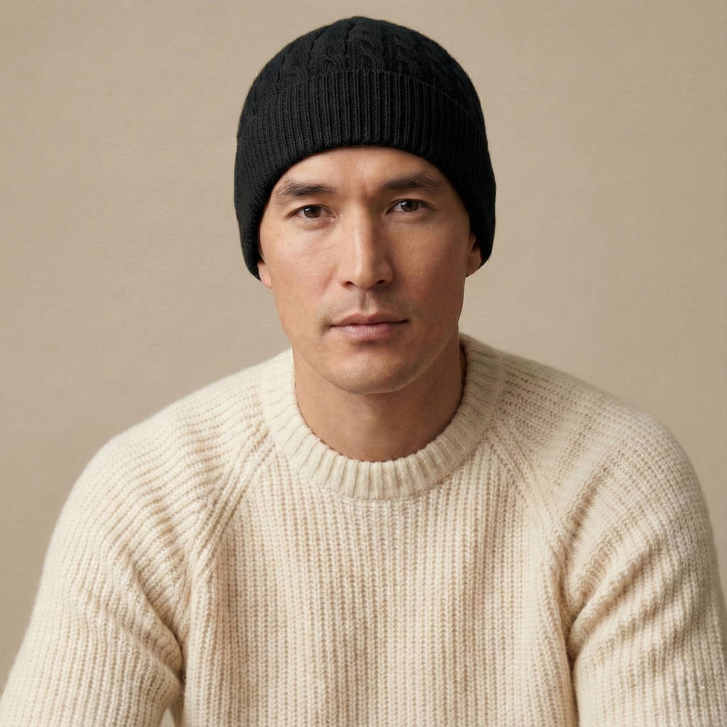 Deep Onyx Heritage Cable Knit Cashmere Beanie for Men | 100% Pure Himalayan