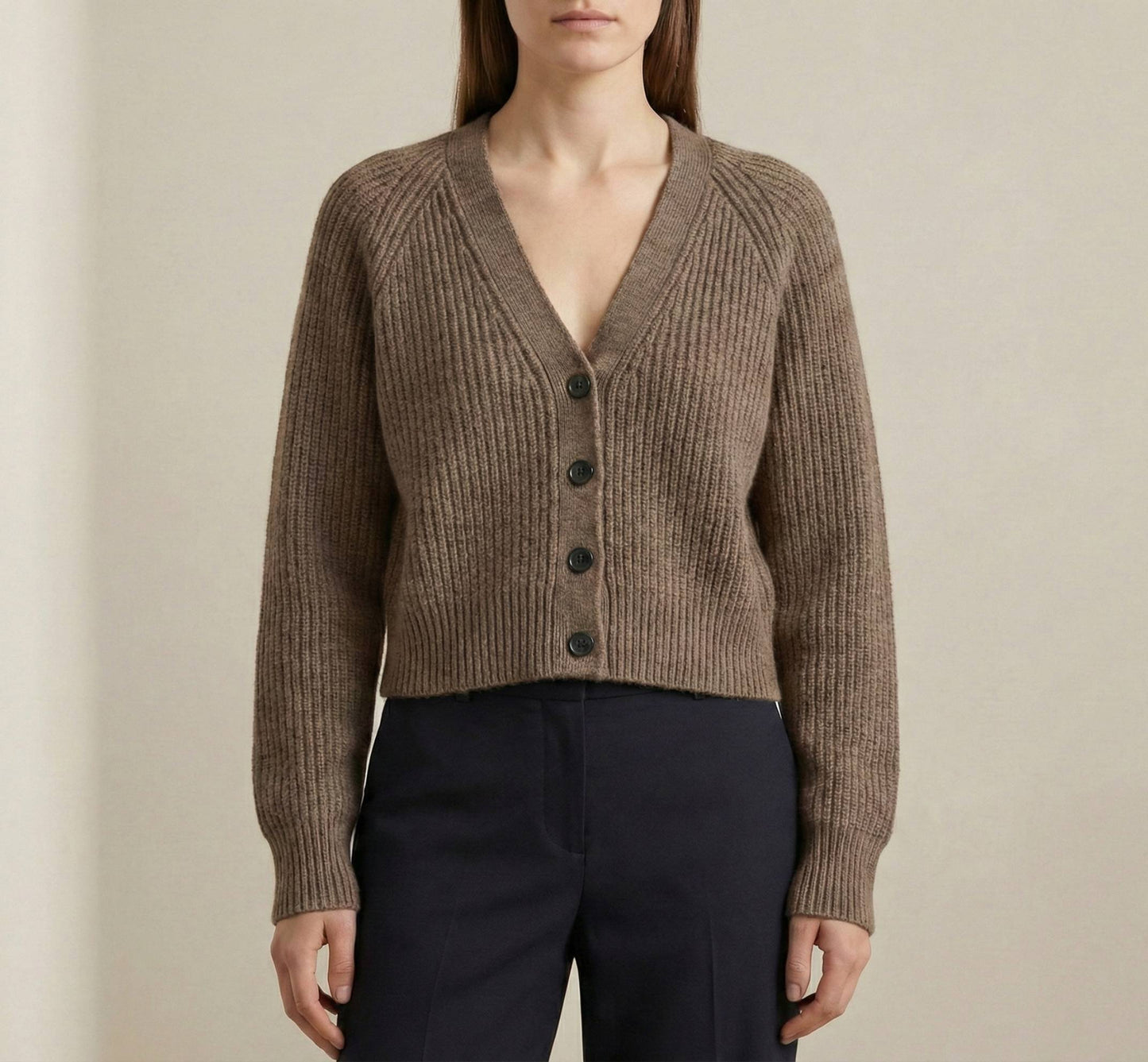 The Lhotse V-Neck Cardigan Undyed Himalayan Cashmere For Women - Toast Melange