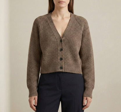 The Lhotse V-Neck Cardigan Undyed Himalayan Cashmere For Women - Toast Melange