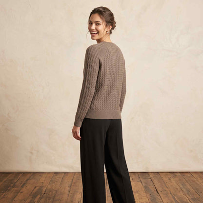 Women's cable-knit cashmere crewneck sweater, Grace in Brown - view 3