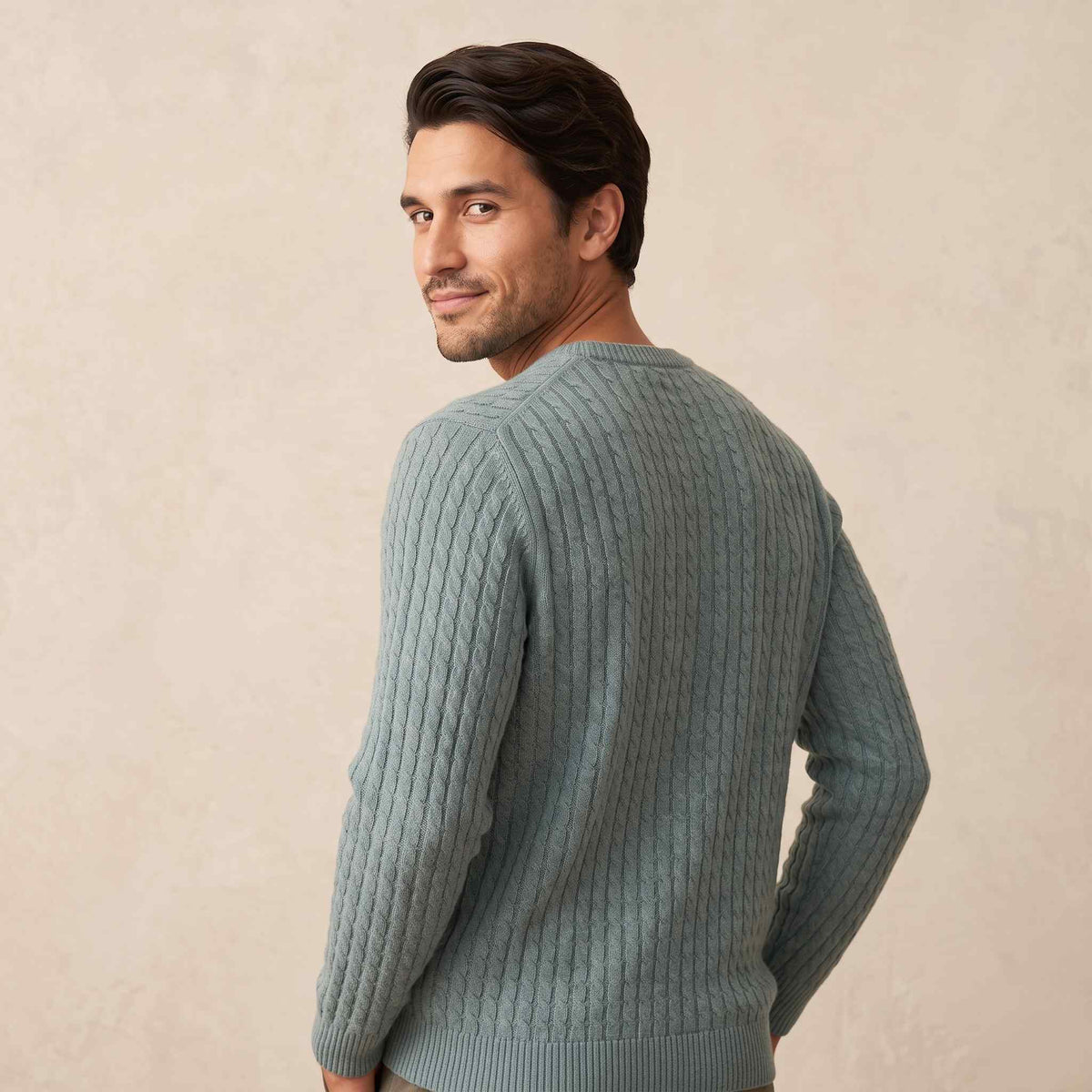 Men's cable-knit cashmere sweater, Atlas in Heathered Jade - view 2