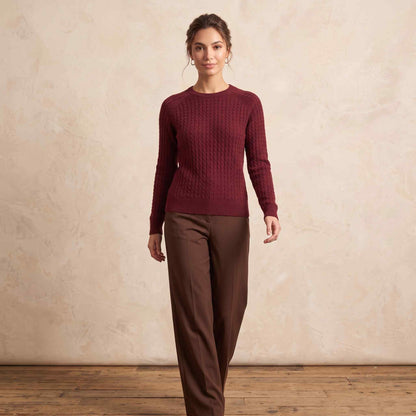 Women's cable-knit cashmere crewneck sweater, Grace in Red Wine - view 2
