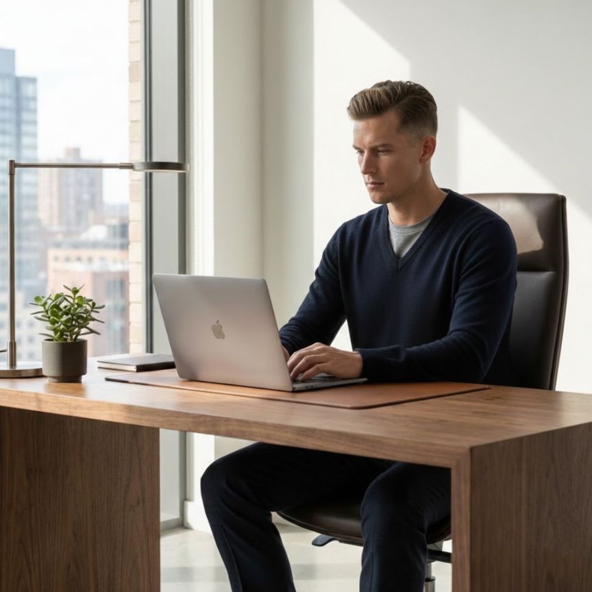 Man using a laptop at a desk in a modern office setting