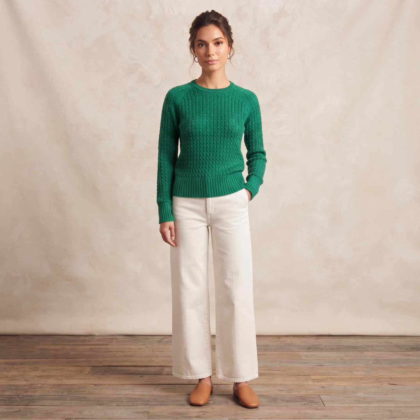 Women's cable-knit cashmere crewneck sweater, Grace in Kelly Green - view 1
