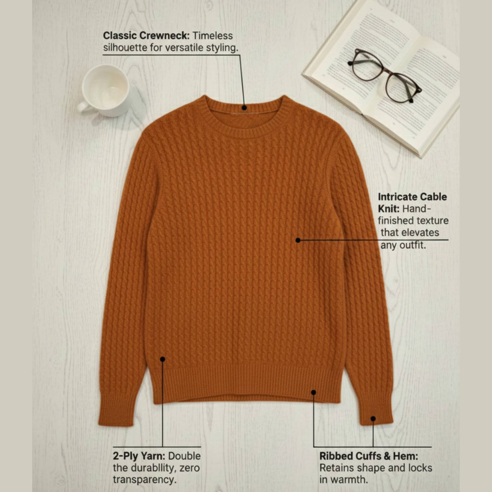 Grace Cable-Knit Cashmere Crewneck | 100% Pure Himalayan Women's Sweater