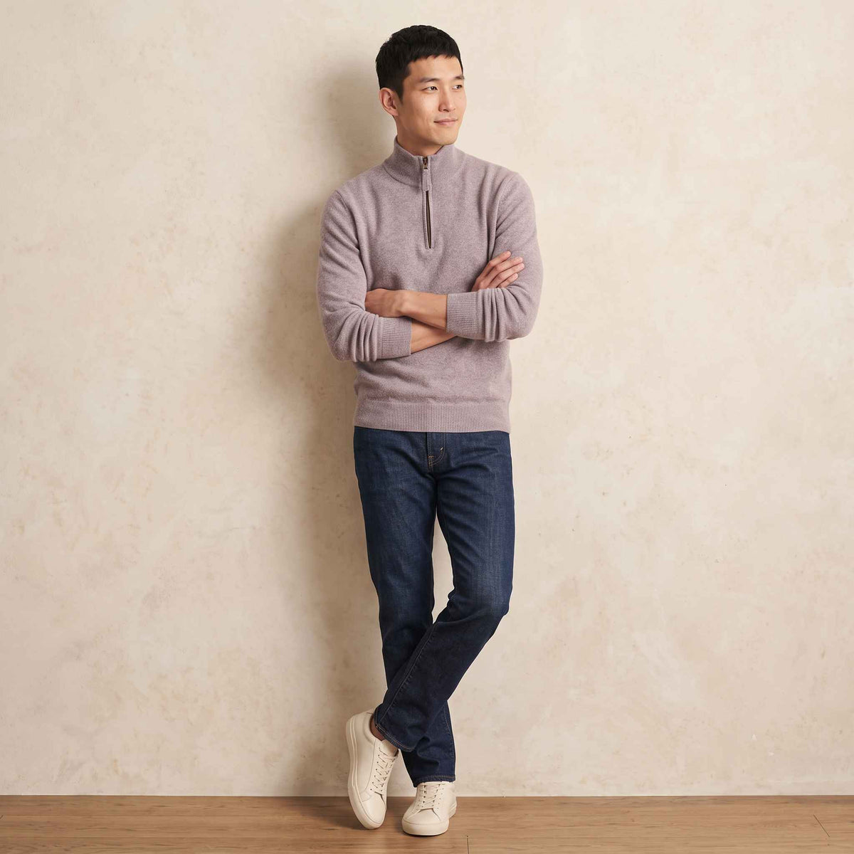 Men's cashmere half-zip sweater, Embrace in Fog - view 3