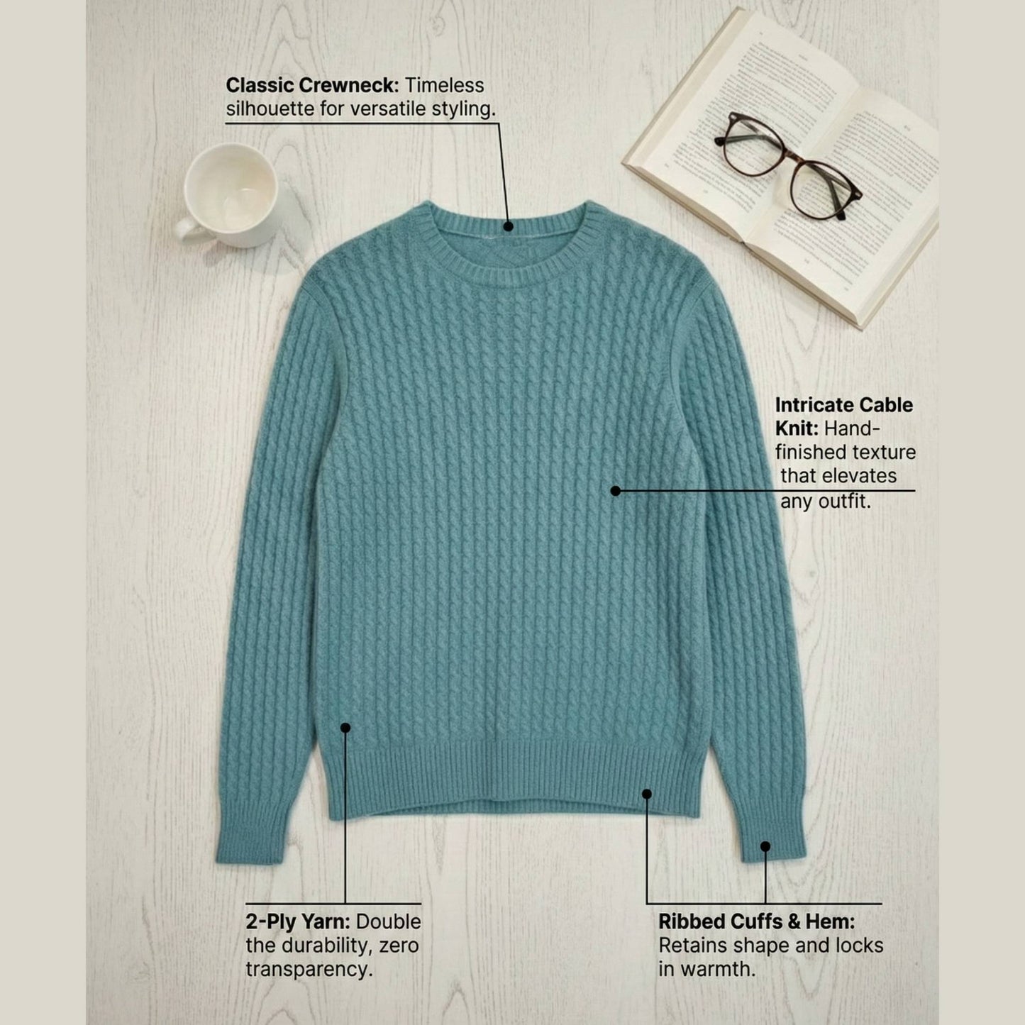 Grace Cable-Knit Cashmere Crewneck | 100% Pure Himalayan Women's Sweater