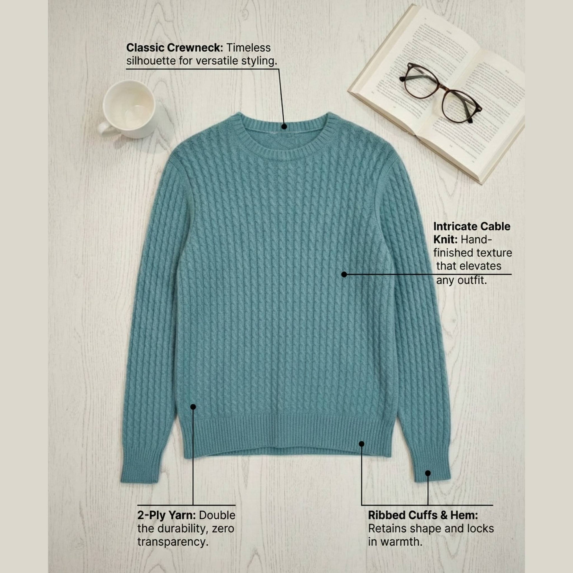 Grace Cable-Knit Cashmere Crewneck | 100% Pure Himalayan Women's Sweater