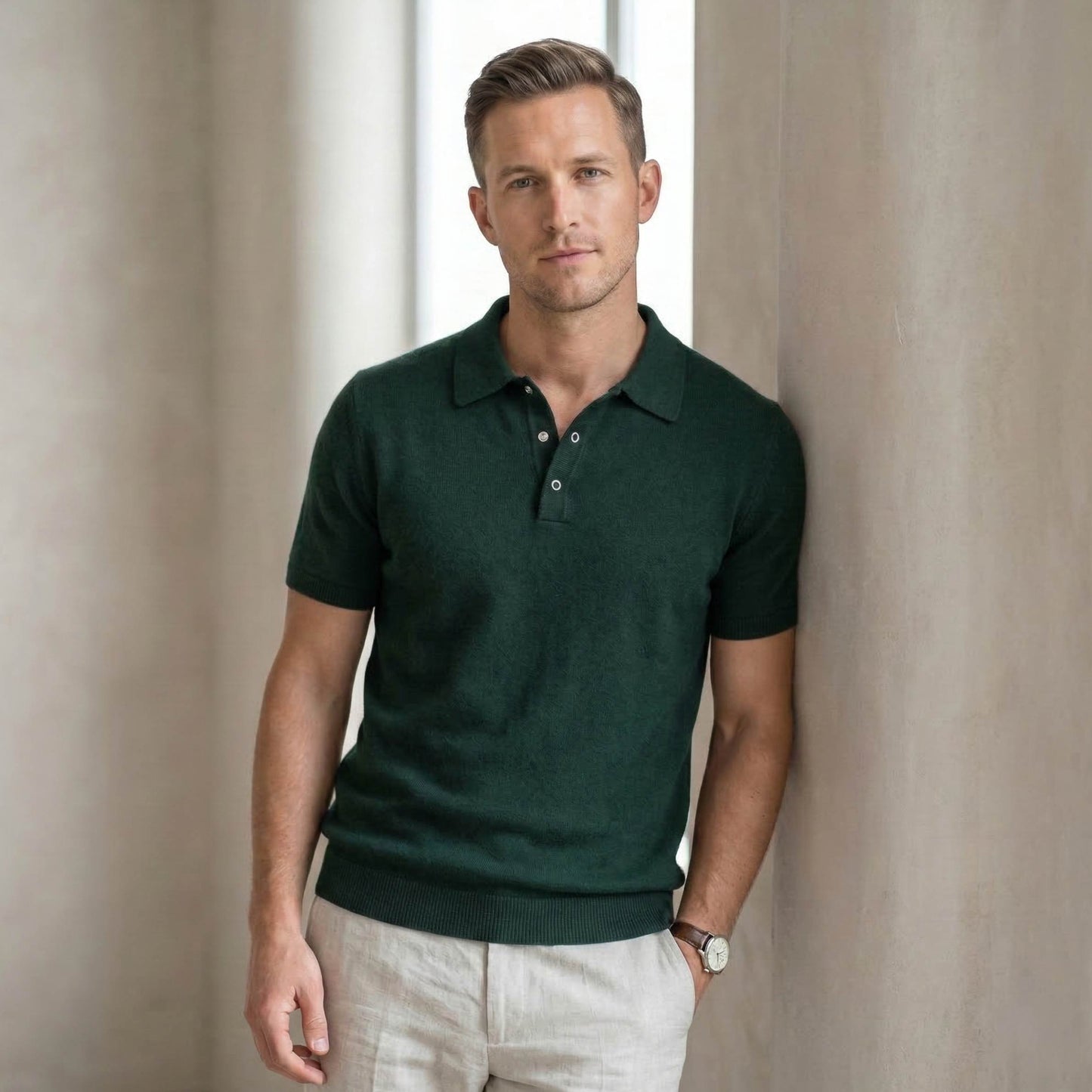 Pure Cashmere Polo T-Shirt Men | Short Sleeve Knit Polo | Snap Button | Handcrafted in Nepal | Pine