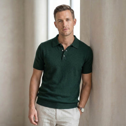 Pure Cashmere Polo T-Shirt Men | Short Sleeve Knit Polo | Snap Button | Handcrafted in Nepal | Pine
