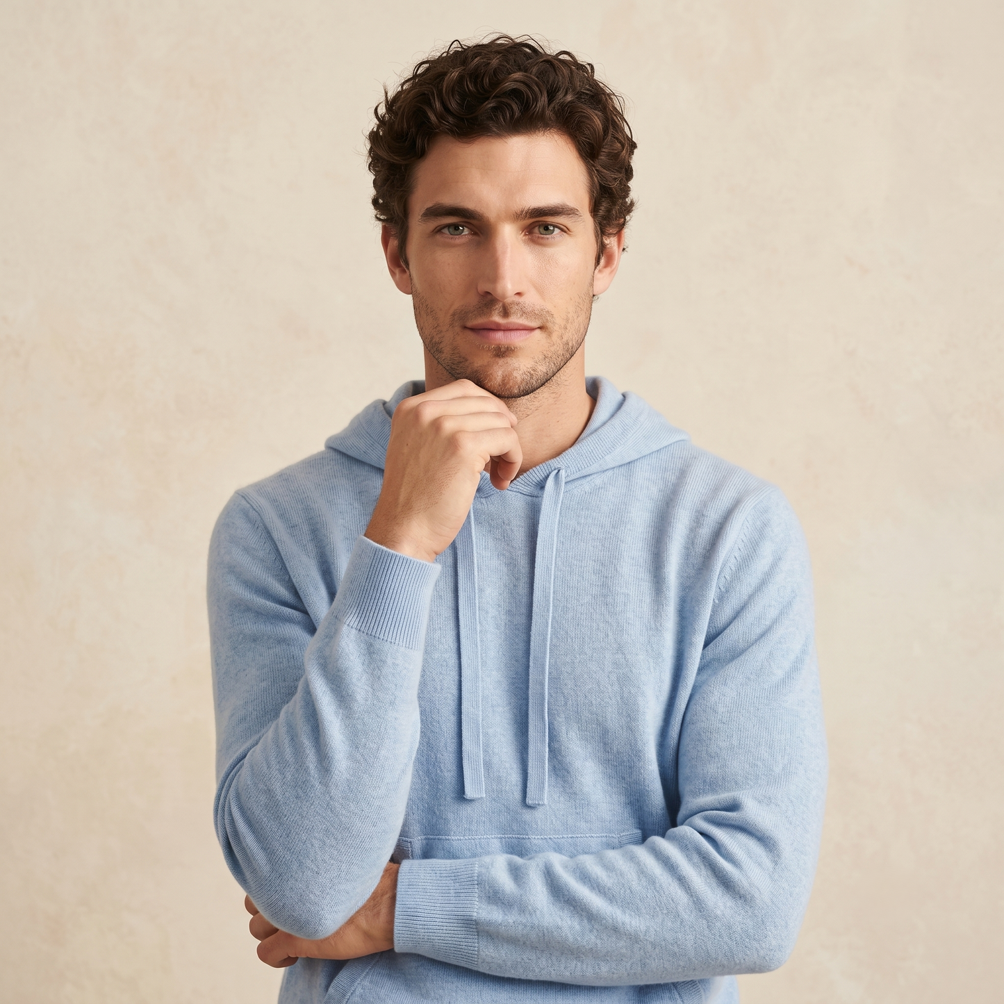 Mustang Himalayan Cashmere Hand-Finished Hoodie For Men - Sky Blue