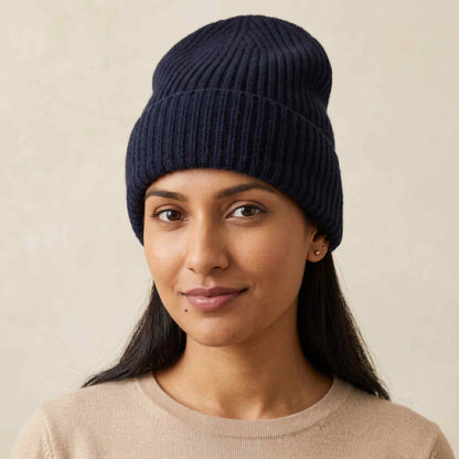 Women's hand-knit cashmere beanie in Midnight Navy - view 1