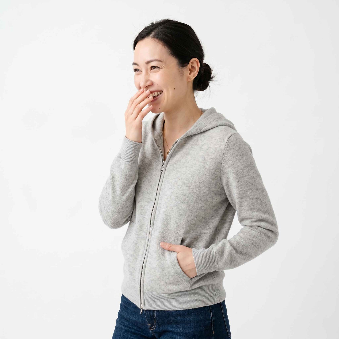 100% Undyed Cashmere Women's Zip Hoodie — Natural Melange, Chemical-Free
