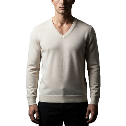 Man wearing a beige V-neck sweater on a white background