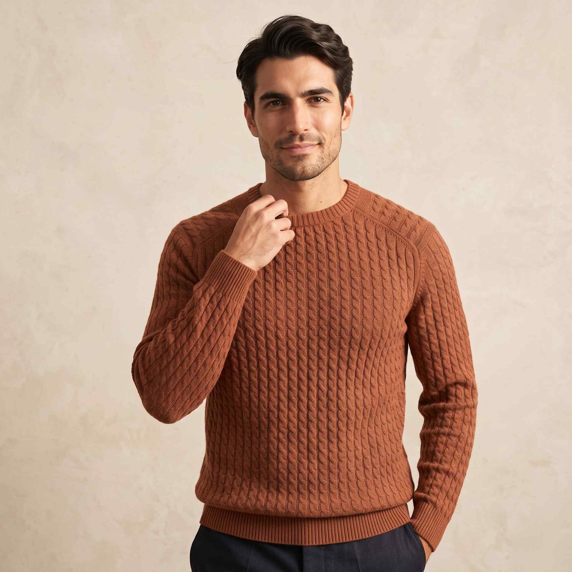 Men's cable-knit cashmere sweater, Atlas in Caramel - view 1