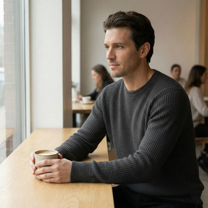 Man sitting at a table holding a coffee cup in a casual setting.