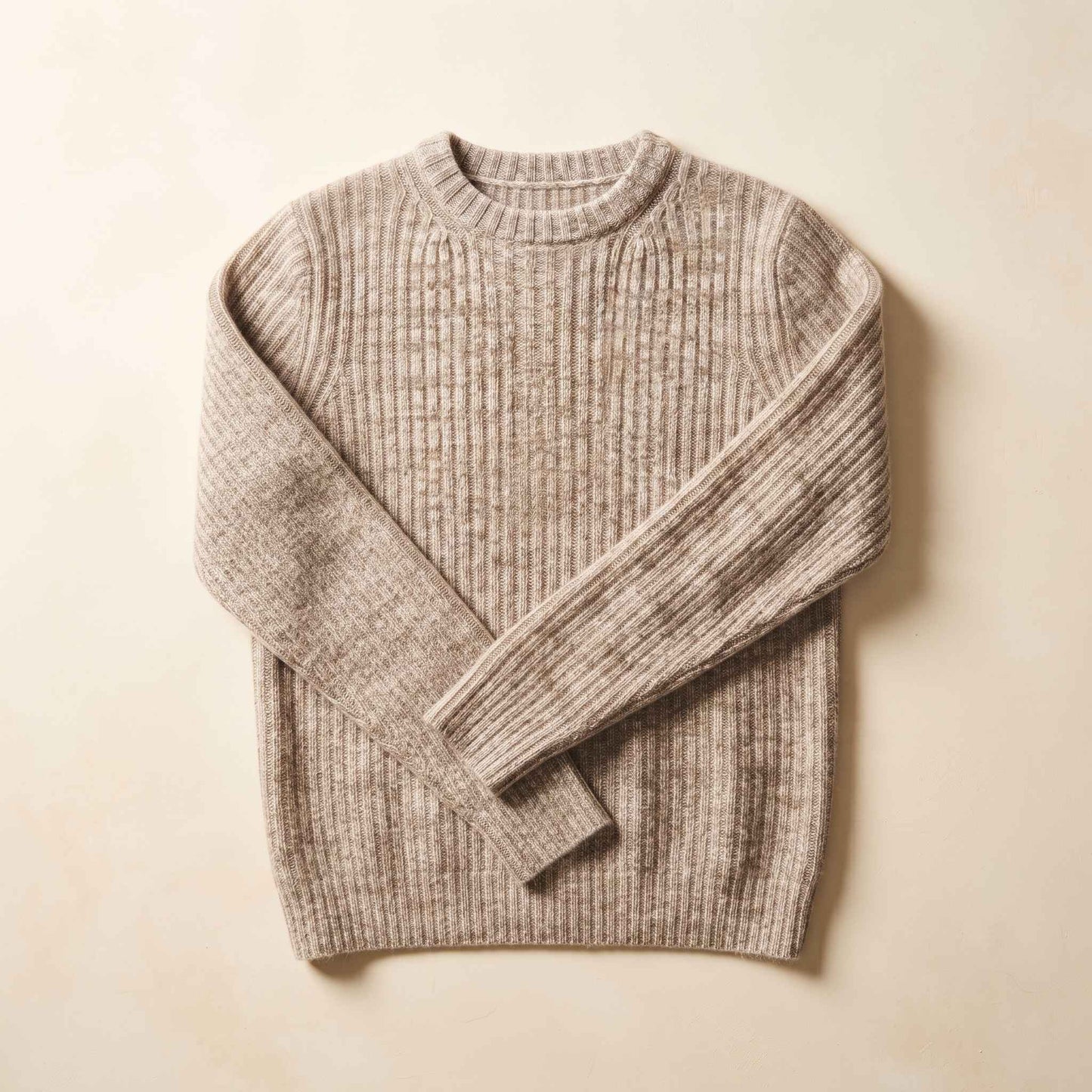 Men's ribbed cashmere crewneck sweater, Signature in Oatmeal Melange - view 1