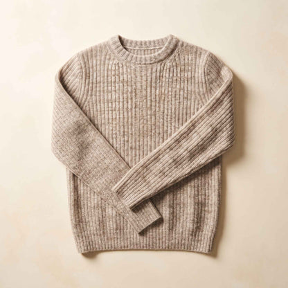Men's ribbed cashmere crewneck sweater, Signature in Oatmeal Melange - view 1