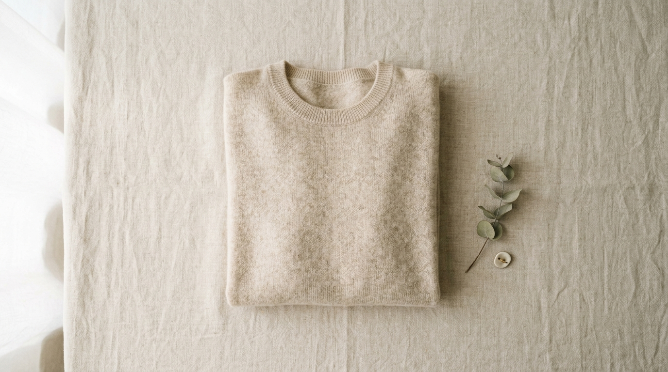 Folded undyed cashmere sweater on natural linen with a eucalyptus sprig