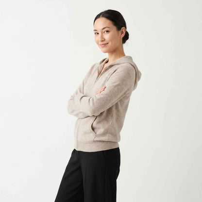 100% Undyed Cashmere Women's Zip Hoodie — Natural Melange, Chemical-Free