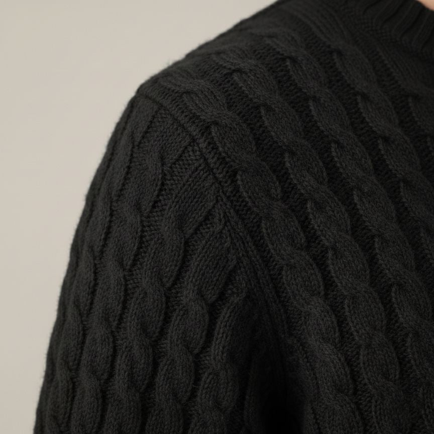 Authentic Black Atlas Cable Hand-Knitted Cashmere Sweater 