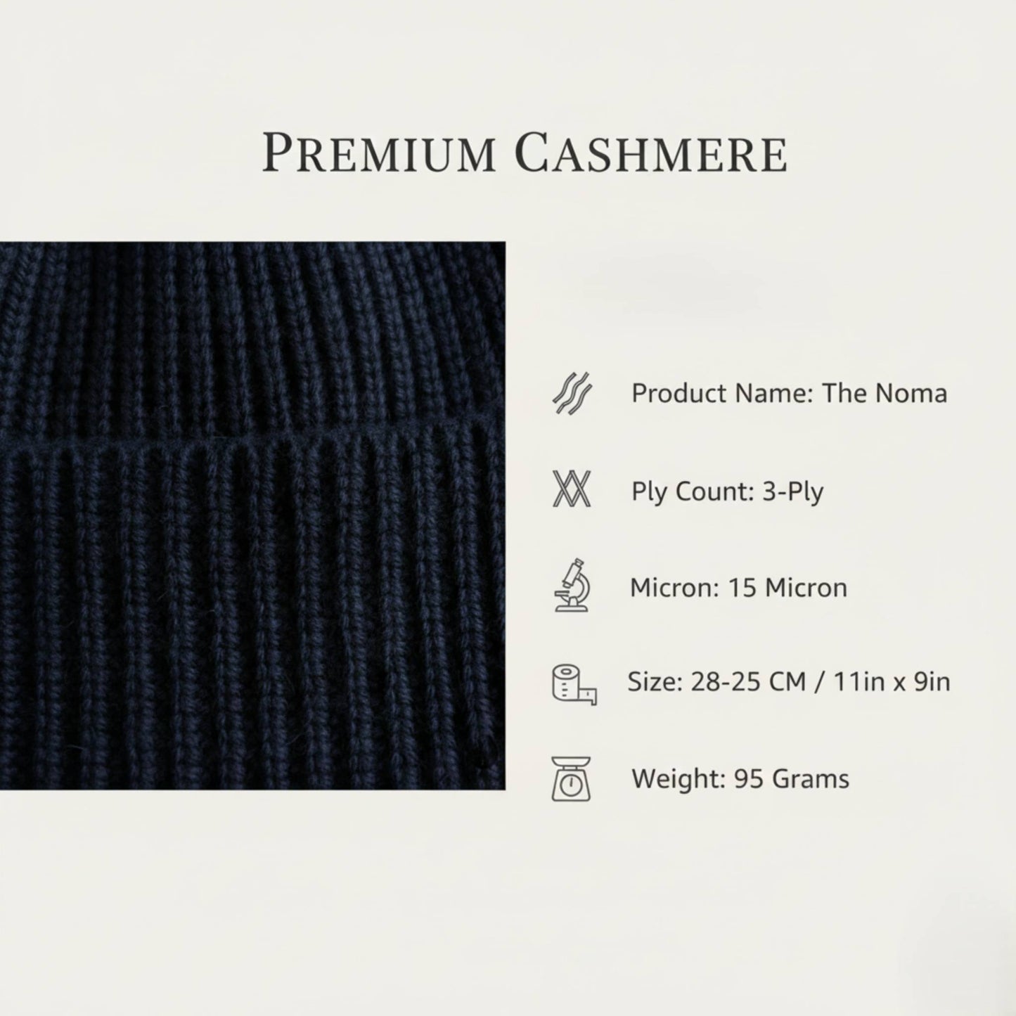 Product info of Dark Navy Noma 100% Pure 3-Ply Himalayan Cashmere Hand-Knit Beanie