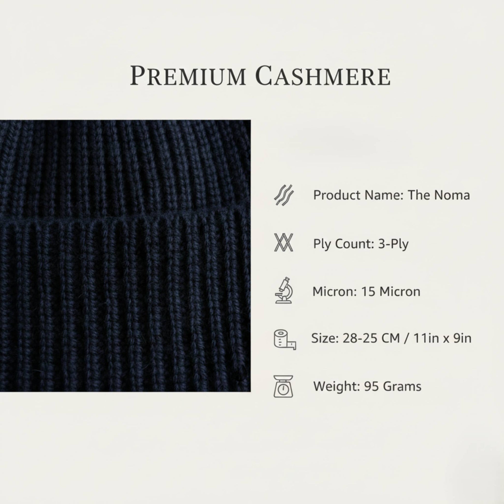 Product info of Dark Navy Noma 100% Pure 3-Ply Himalayan Cashmere Hand-Knit Beanie