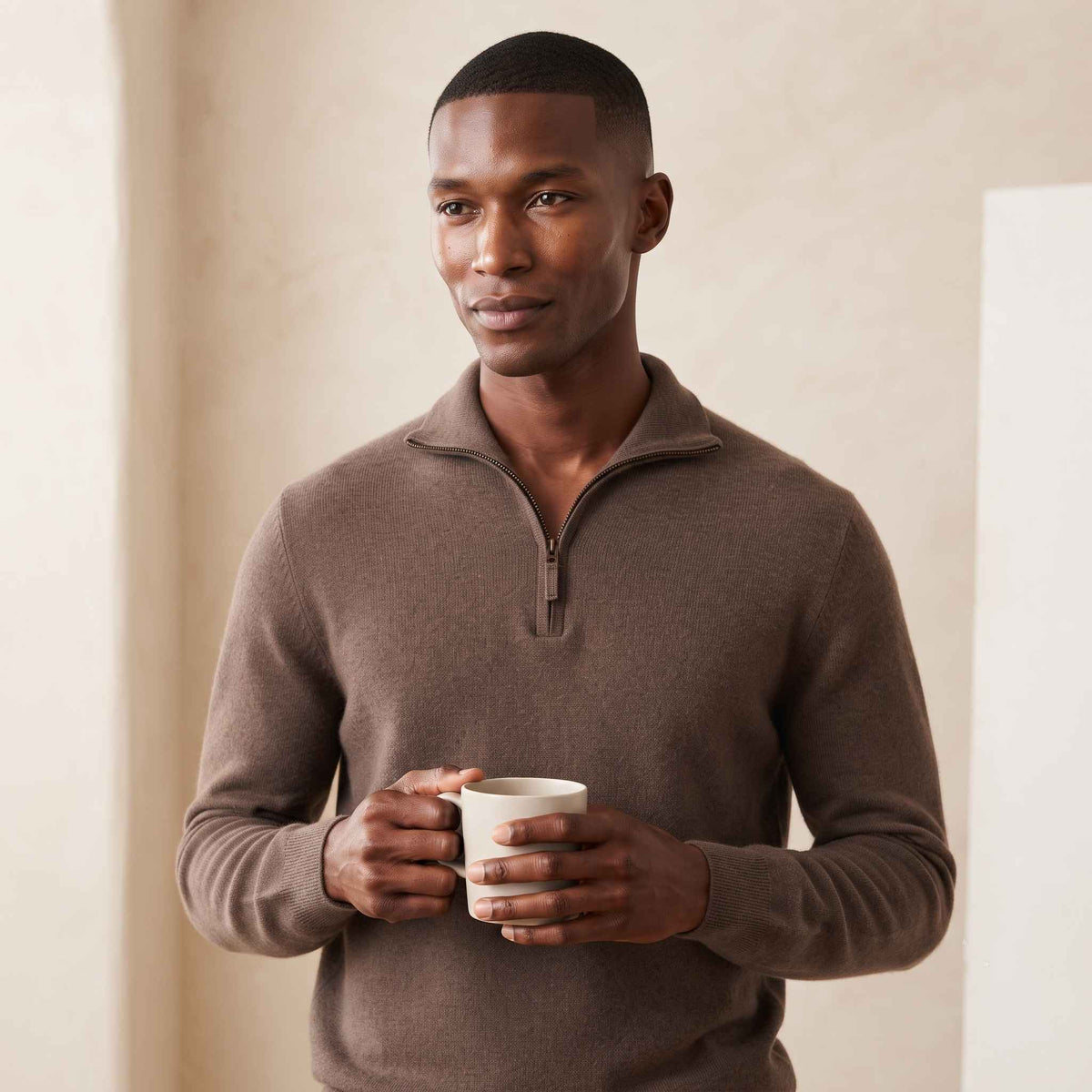 Men's cashmere half-zip sweater, Embrace in Brown - view 1