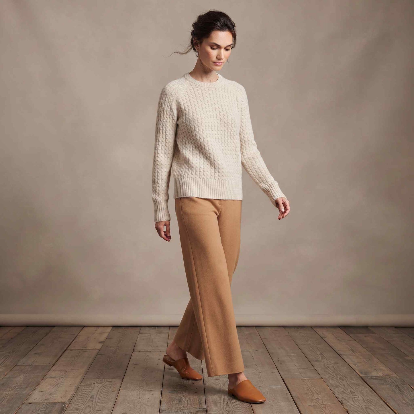 Women's cable-knit cashmere crewneck sweater, Grace in Off white - view 1