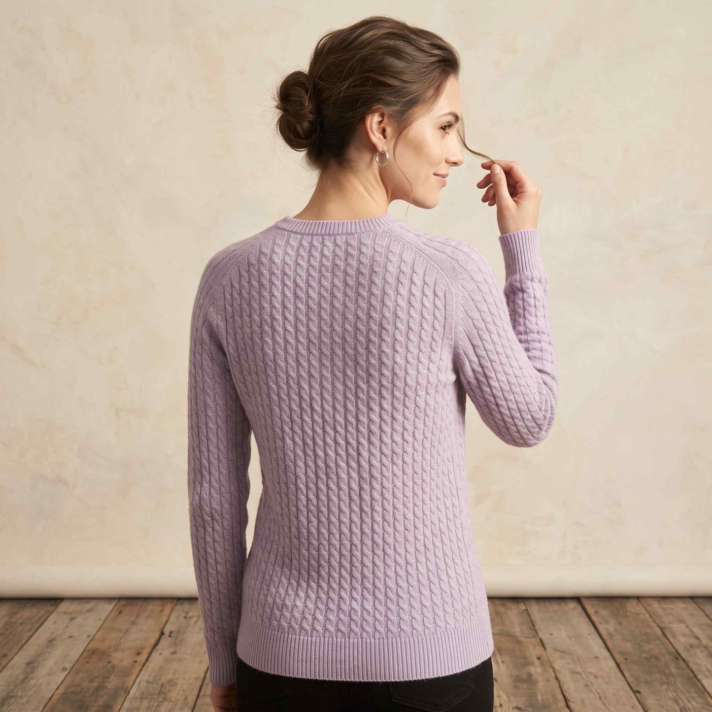 Women's cable-knit cashmere crewneck sweater, Grace in Lilac - view 6