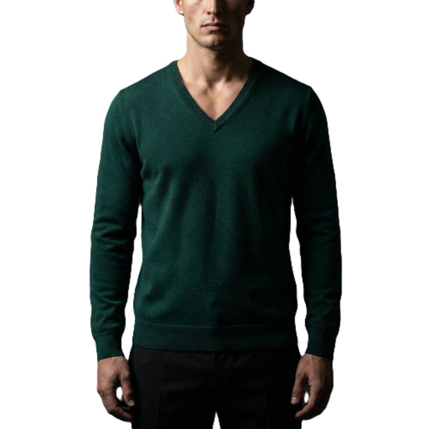 Man wearing a green sweater on a white background